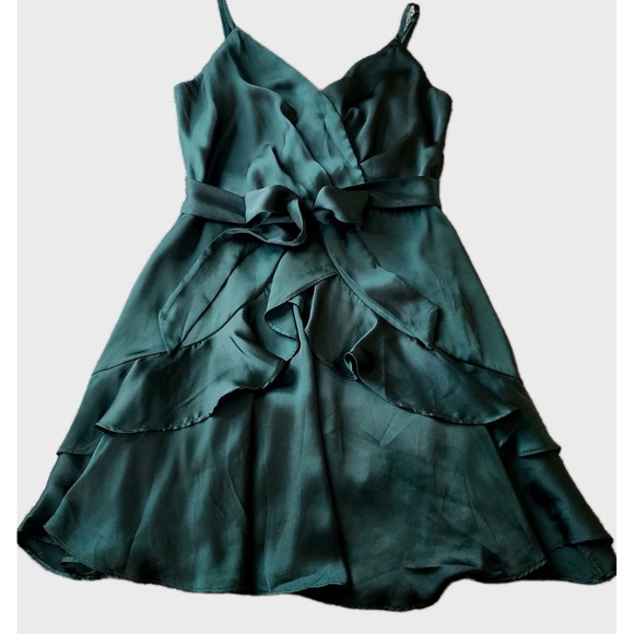 Trixxi Green Ruffled Mini Dress S Tiered Layered Fit Flare Forest Fairy Cocktail - Picture 1 of 11